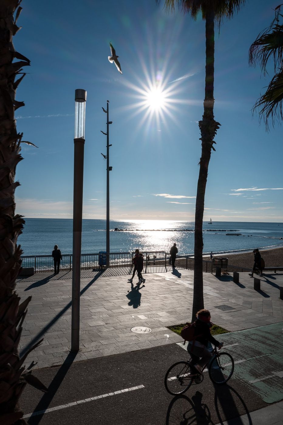 Silhouette de passant a contre-jour sur le front de mer, Barcelone