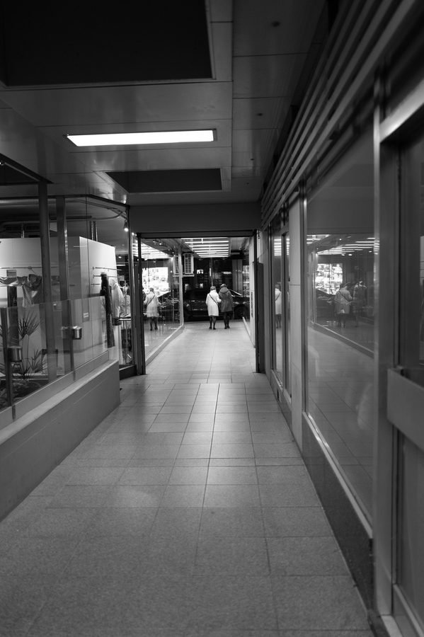 Passant traversant un passage commercant eclaire, Vienne
